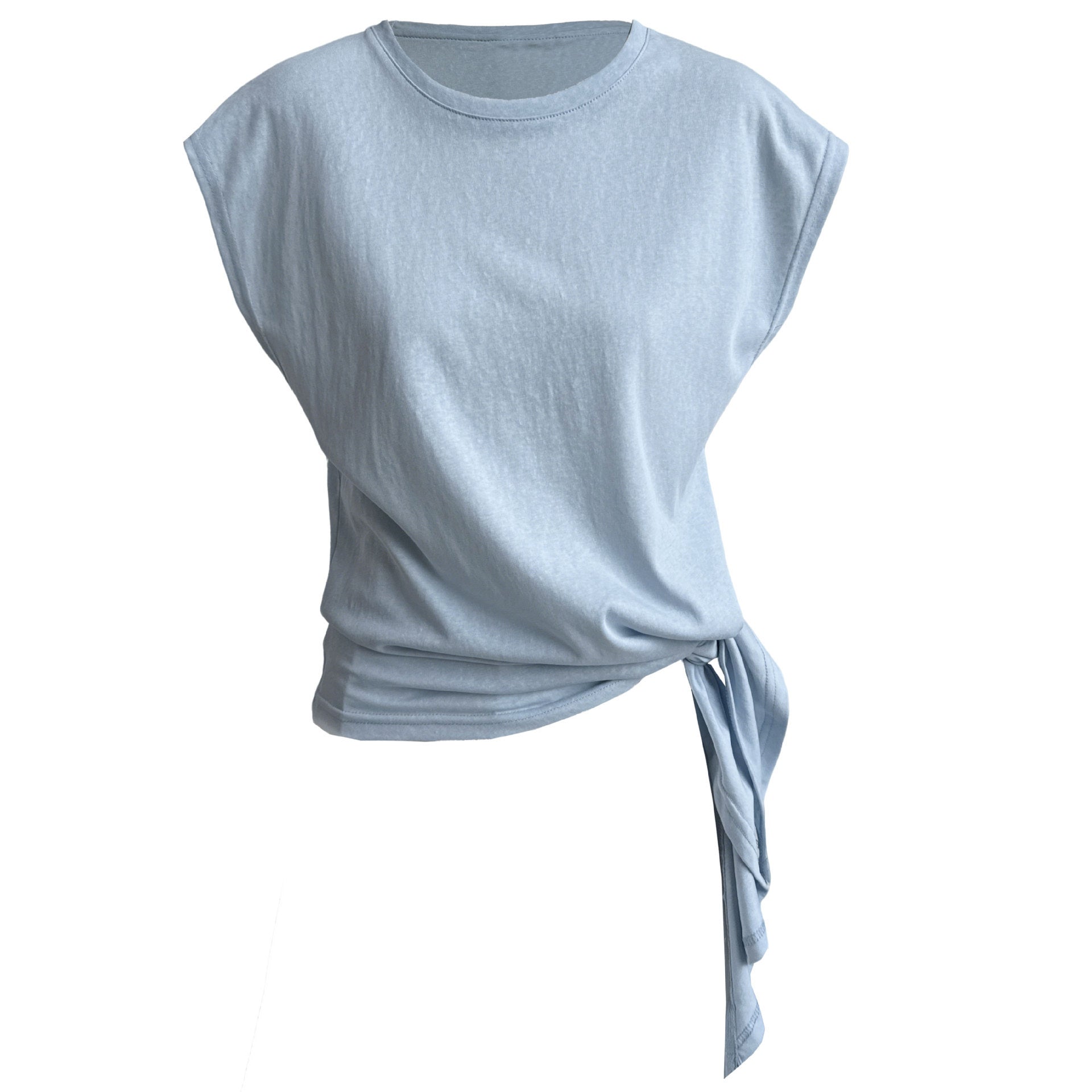 Korean version of simple slim-fitting lace-up short-sleeved women's summer new waist irregular hem T-shirt top