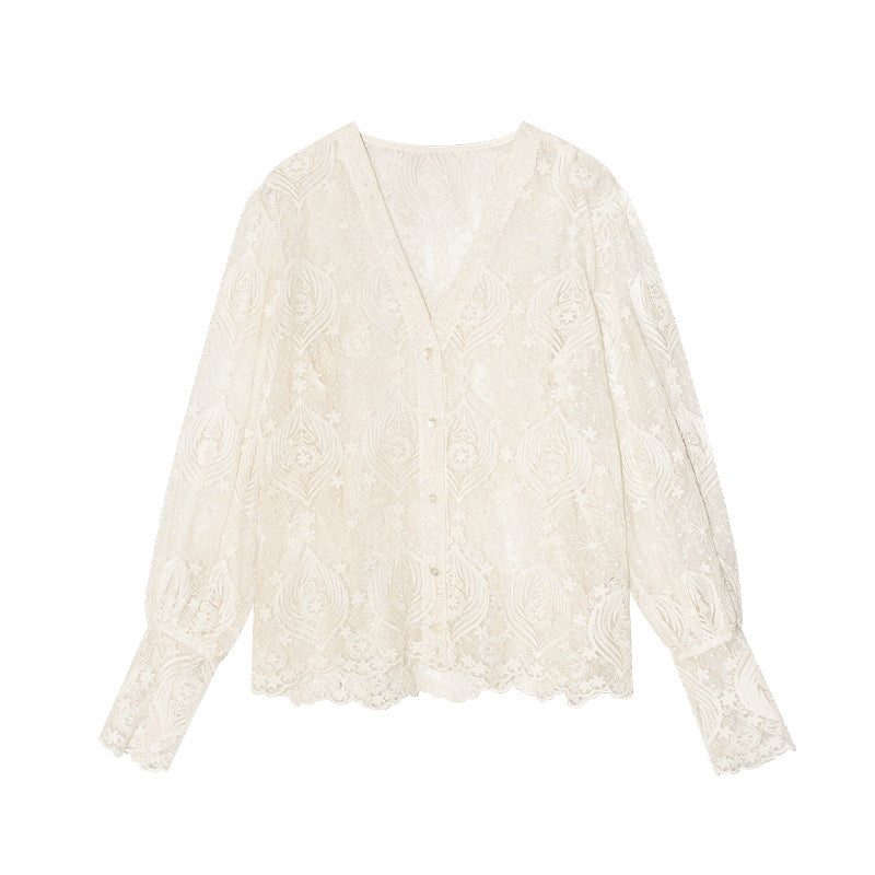 Early spring French gentle wind hollow V-neck foreign style chic lace shirt