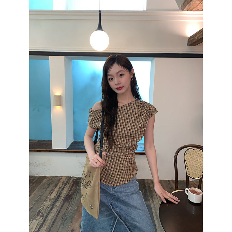 French design temperament slim-fit plaid slanted shoulder top