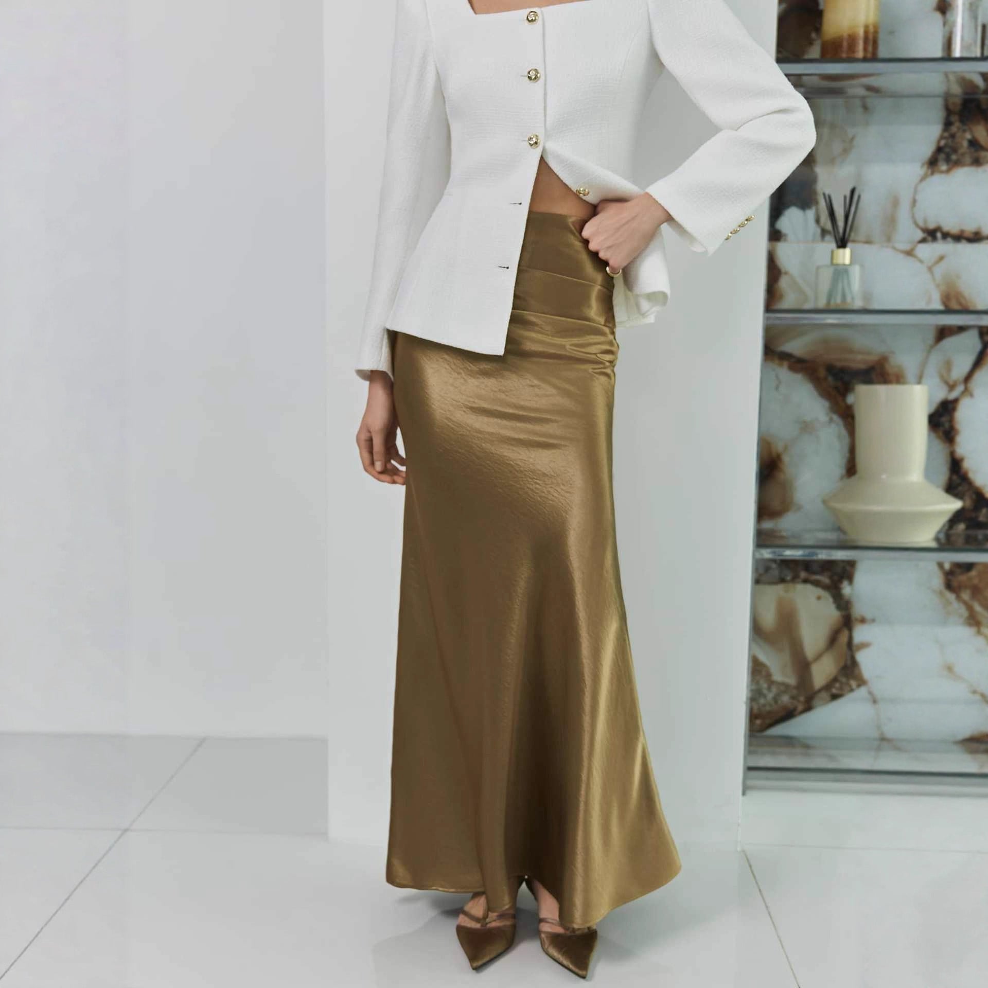 French satin skirt autumn and winter high waist hip skirt pleated A-shaped long skirt