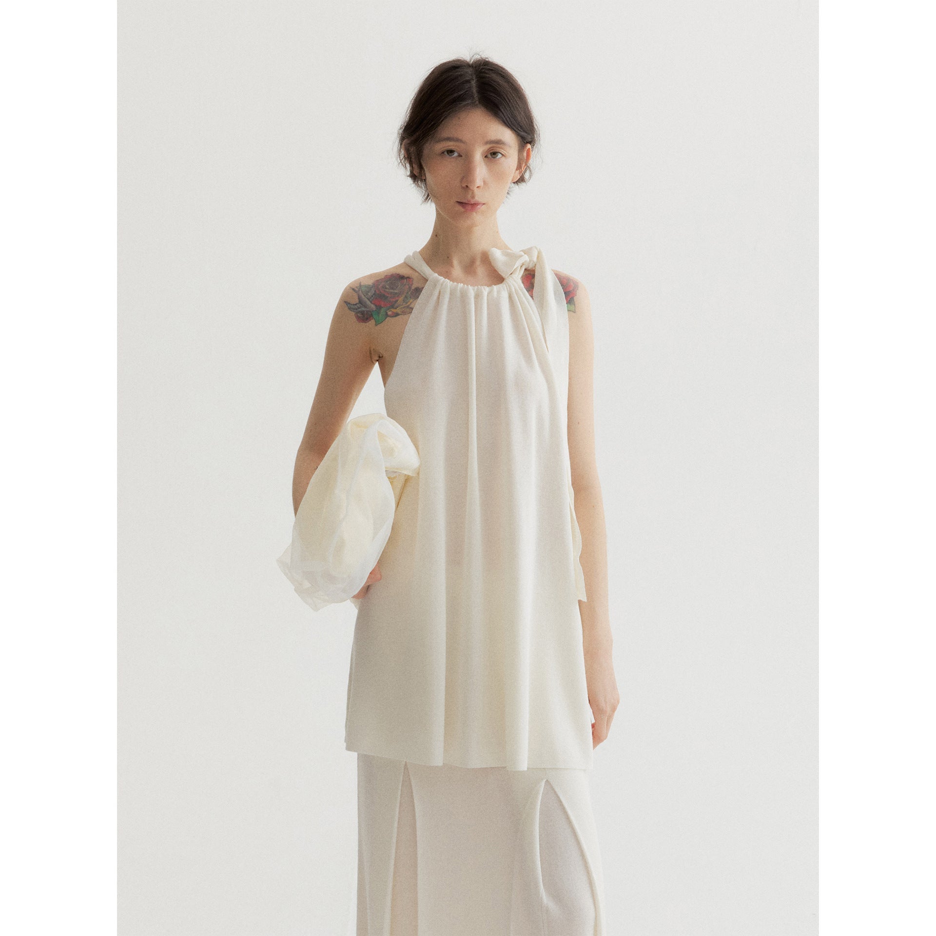 Summer commuter design sense linen shrink pleated strap neck collar strap vest