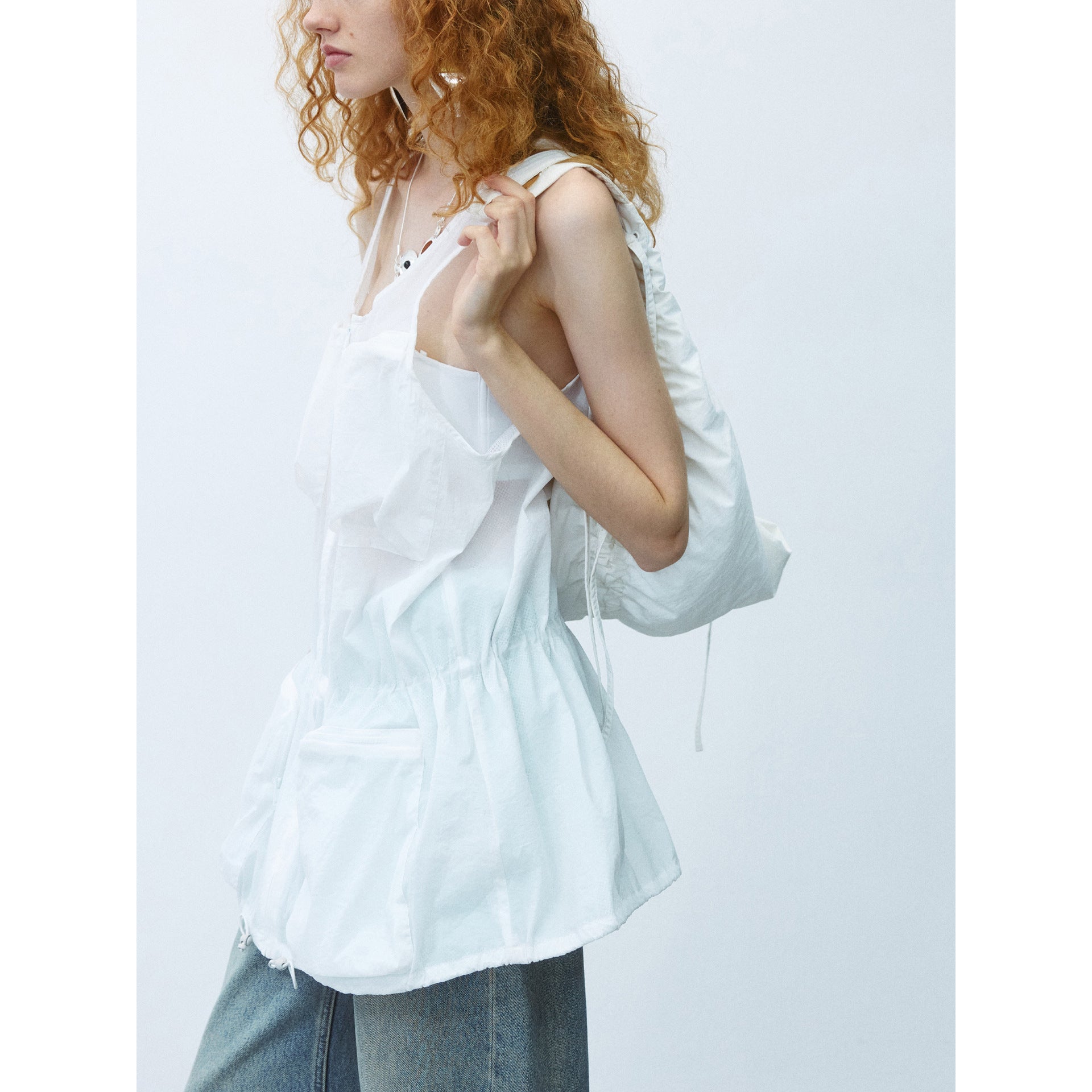 Summer new large U-neck nylon drawstring multi-pocket tooling vest