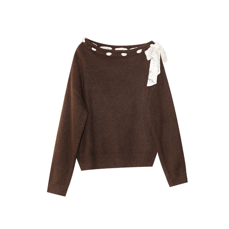 Atmospheric leopard print strap design diagonal neck off-the-shoulder sweater