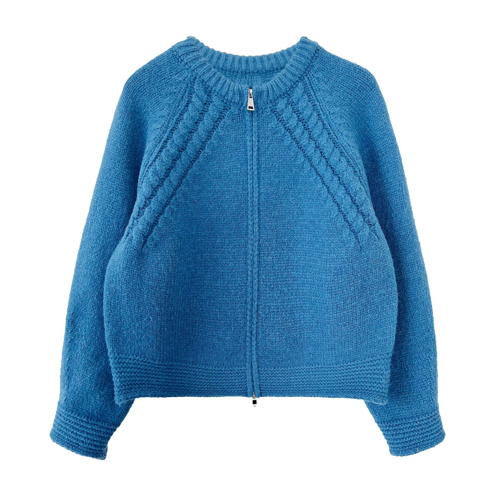 Korean double-ended zipper crew neck knitted jacket women's autumn and winter twisted flower high-end thick sweater cardigan