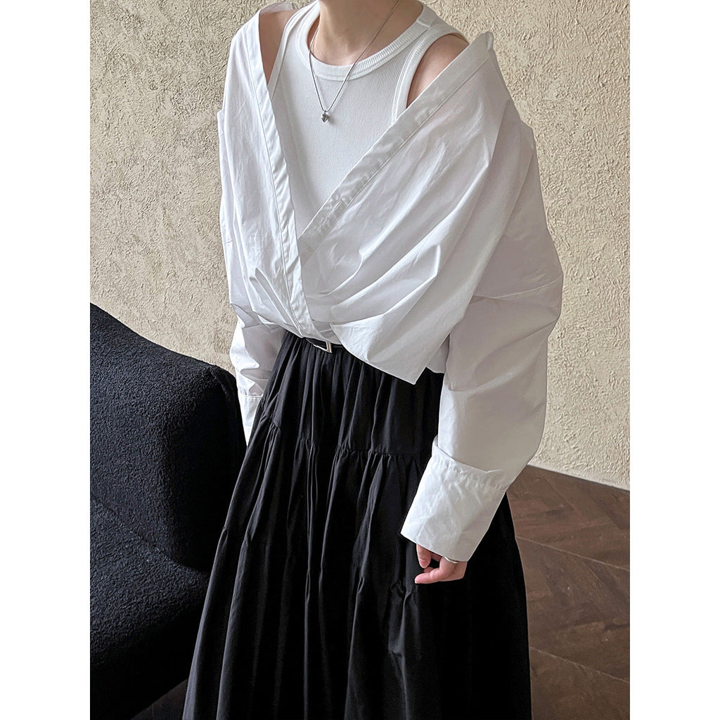 Spring French high-end silhouette commuter off-the-shoulder shirt with knitted vest inside, fake two-piece top women
