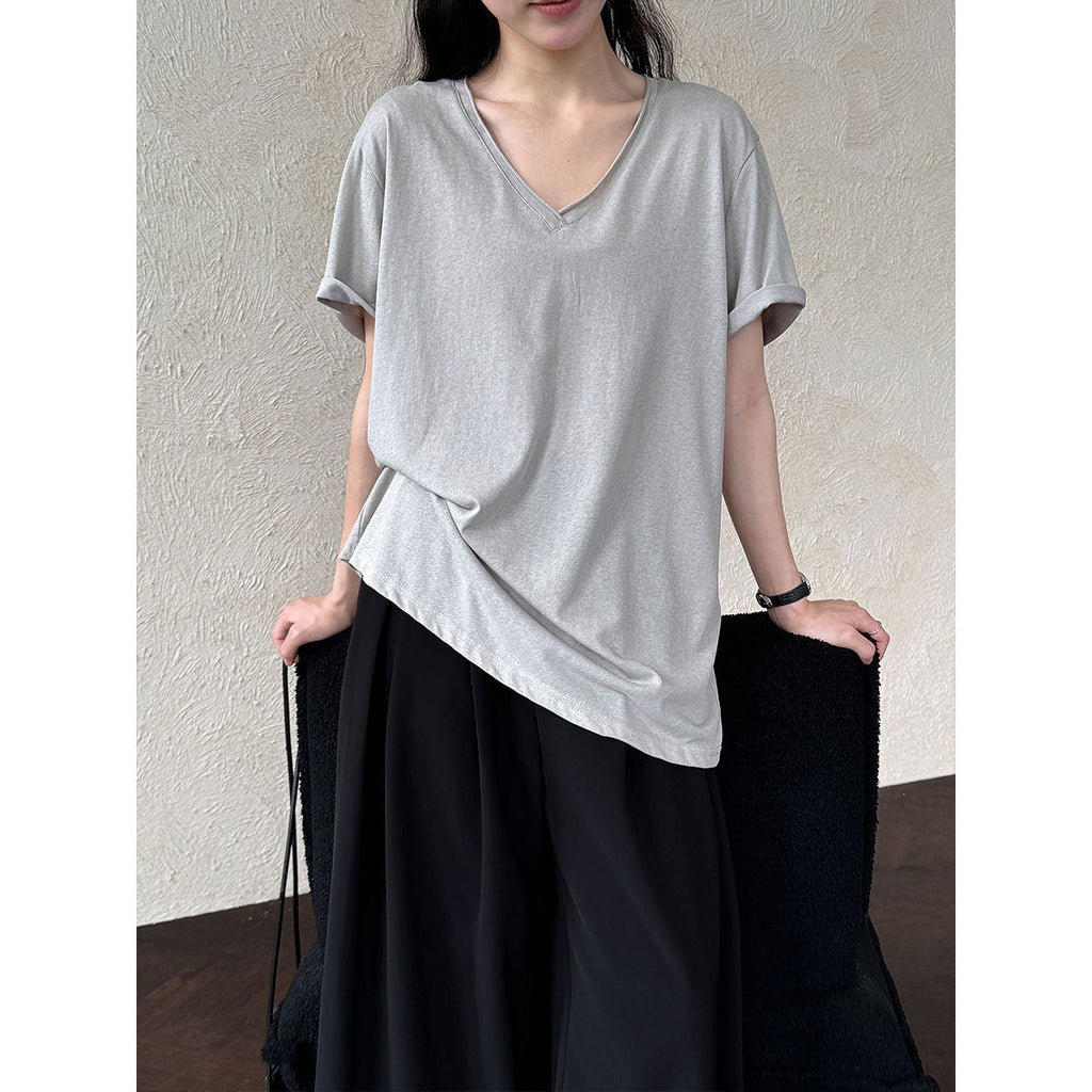 Relaxed fit snowflake texture rolled hem v-neck short sleeve women's summer new loose basic t-shirt top