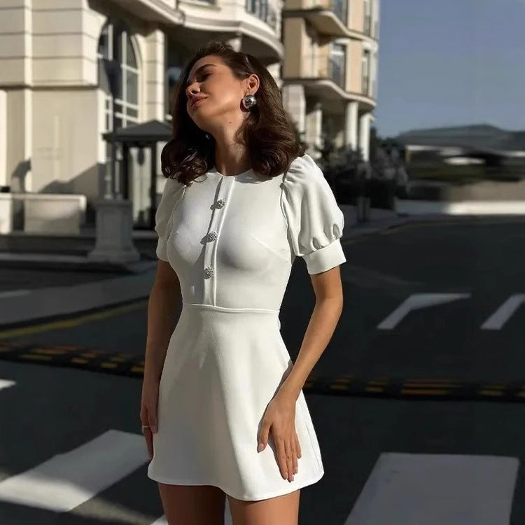 Wind Women's Fashion Solid Color Removable Doll Collar Short Sleeve Slim Fit Casual Dress