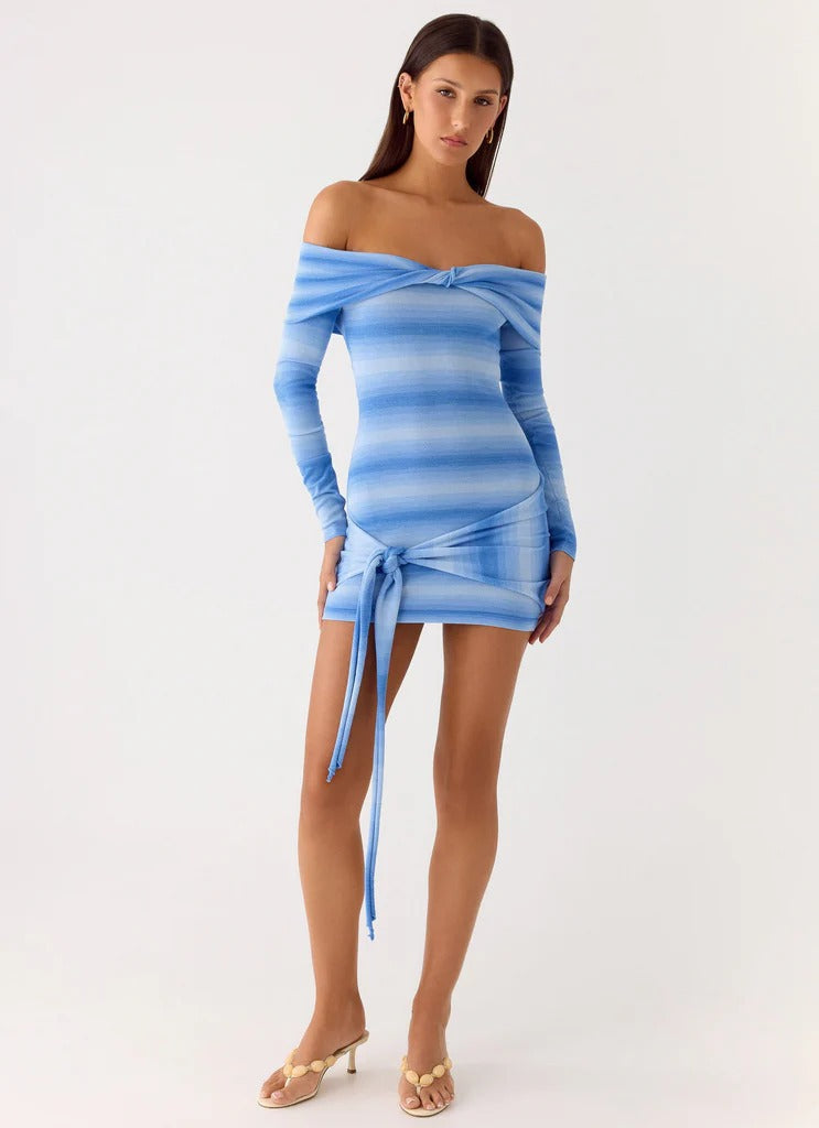 Autumn and winter striped long-sleeved knitted hip-wrapped short skirt slim-fitting sexy one-word shoulder dress