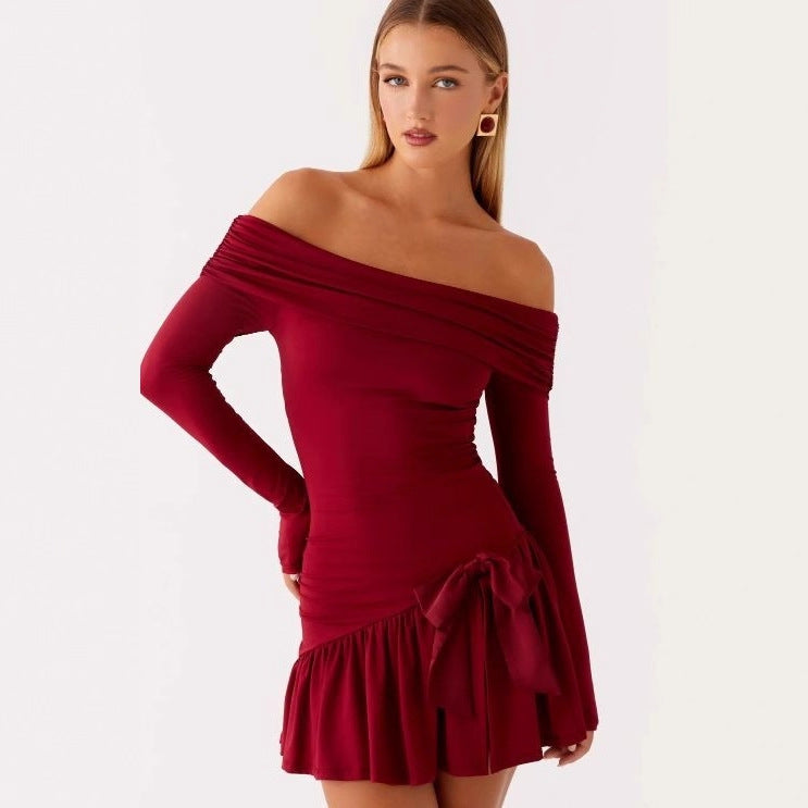 Fashion sexy irregular splicing short skirt long sleeve one-word shoulder dress