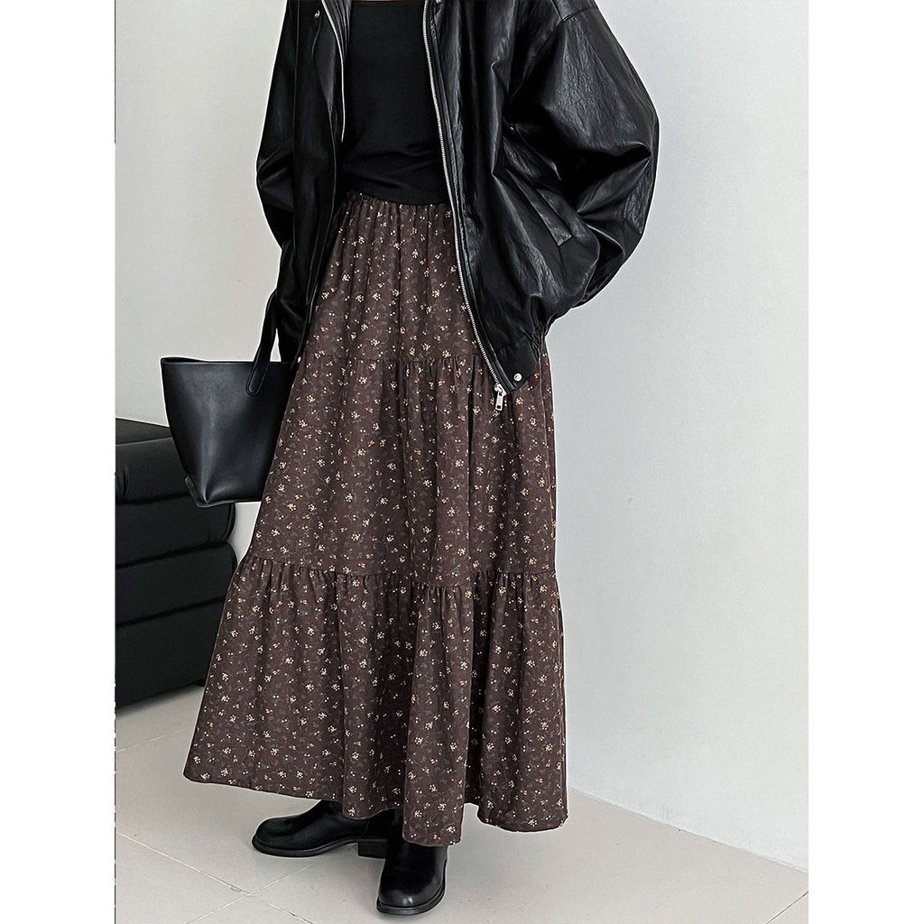 Retro floral splicing large skirt high waist skirt women's autumn new thin plush dress 1728