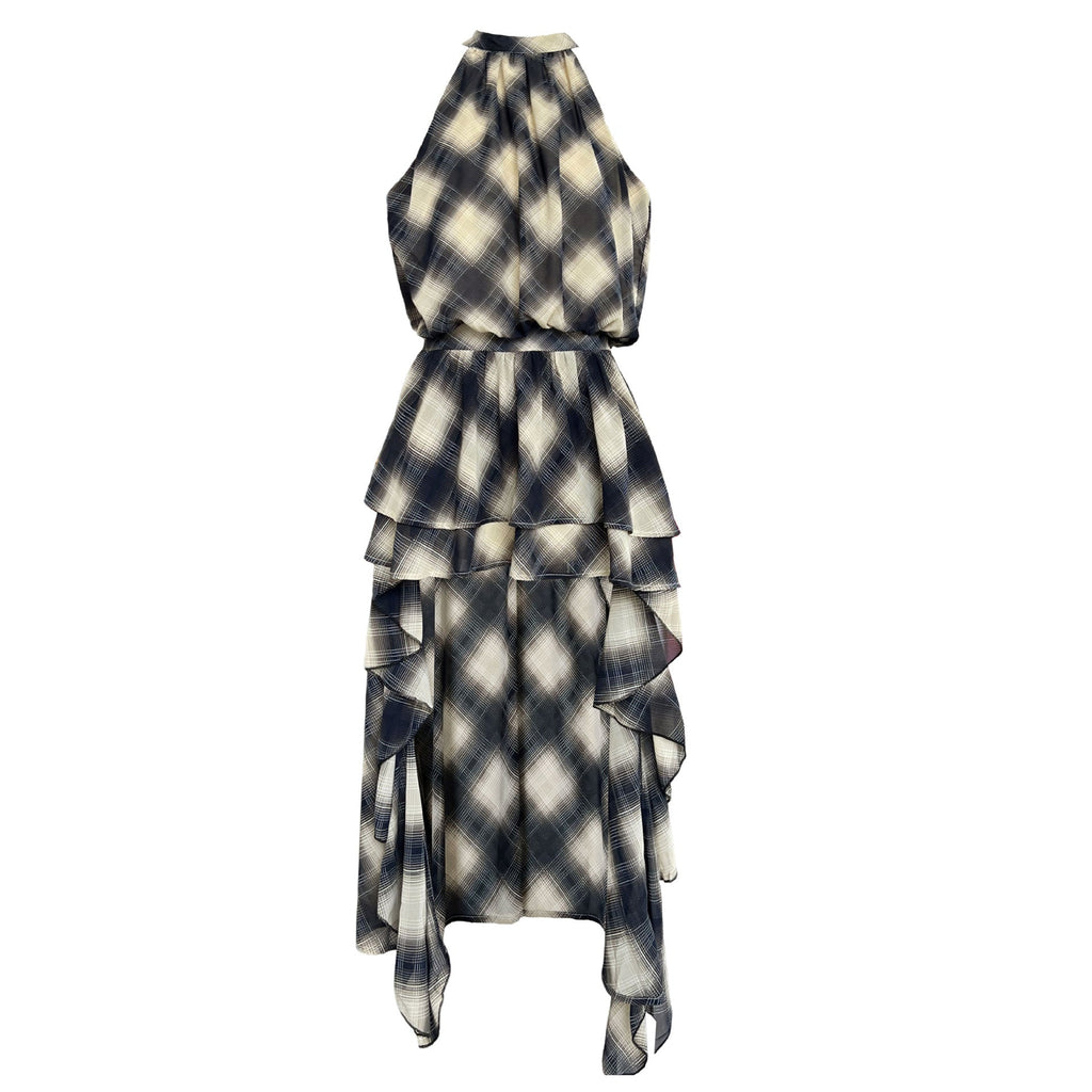 Korean design sense niche neck plaid dress women's summer new irregular thin dress