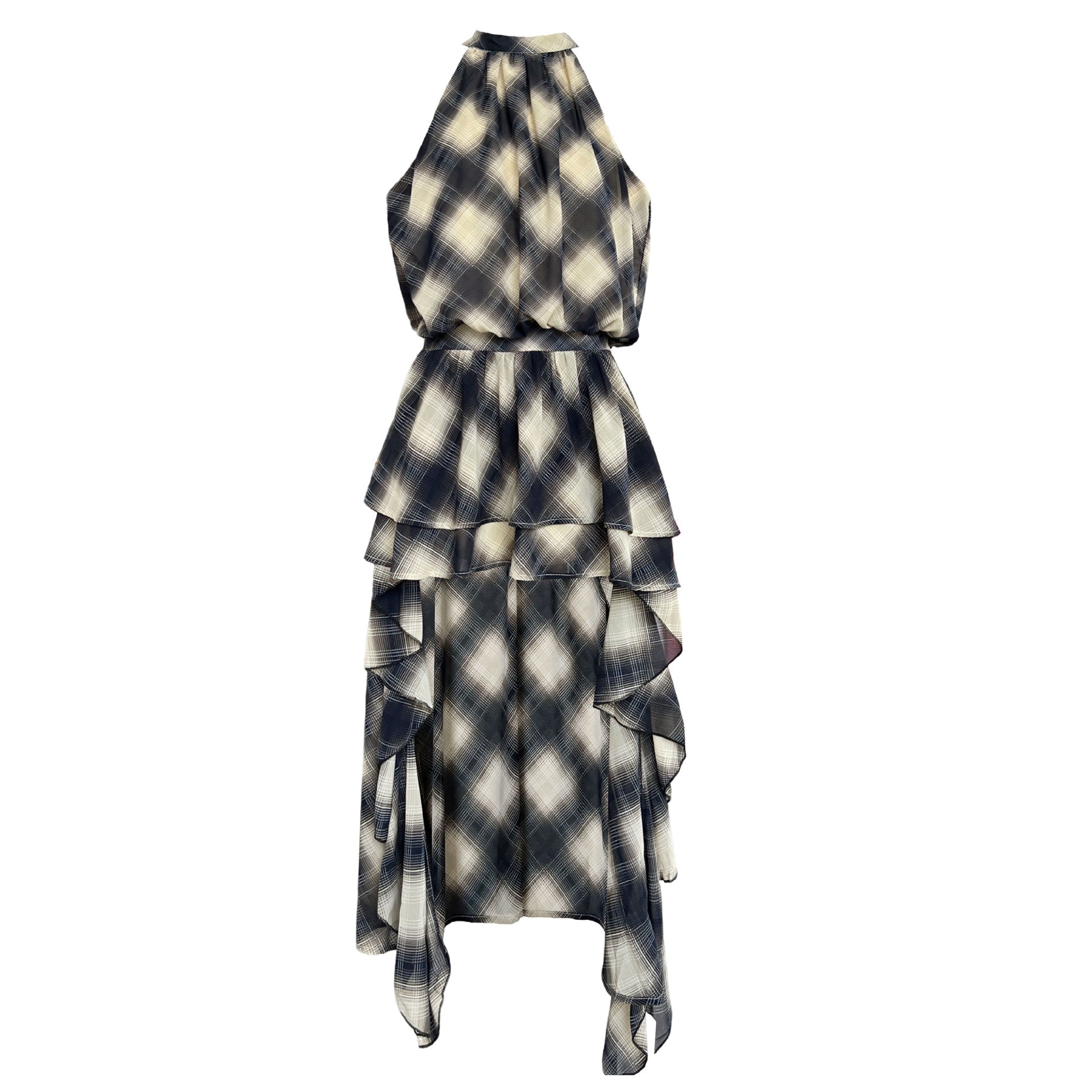Korean design sense niche neck plaid dress women's summer new irregular thin dress