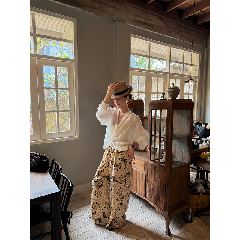 Chunbo Jubilee Tencel ethnic style retro lace-up print wide-leg pants