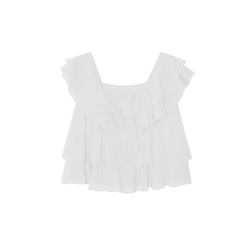 French sweet age-reducing thin loose square neck ruffle edge chiffon shirt