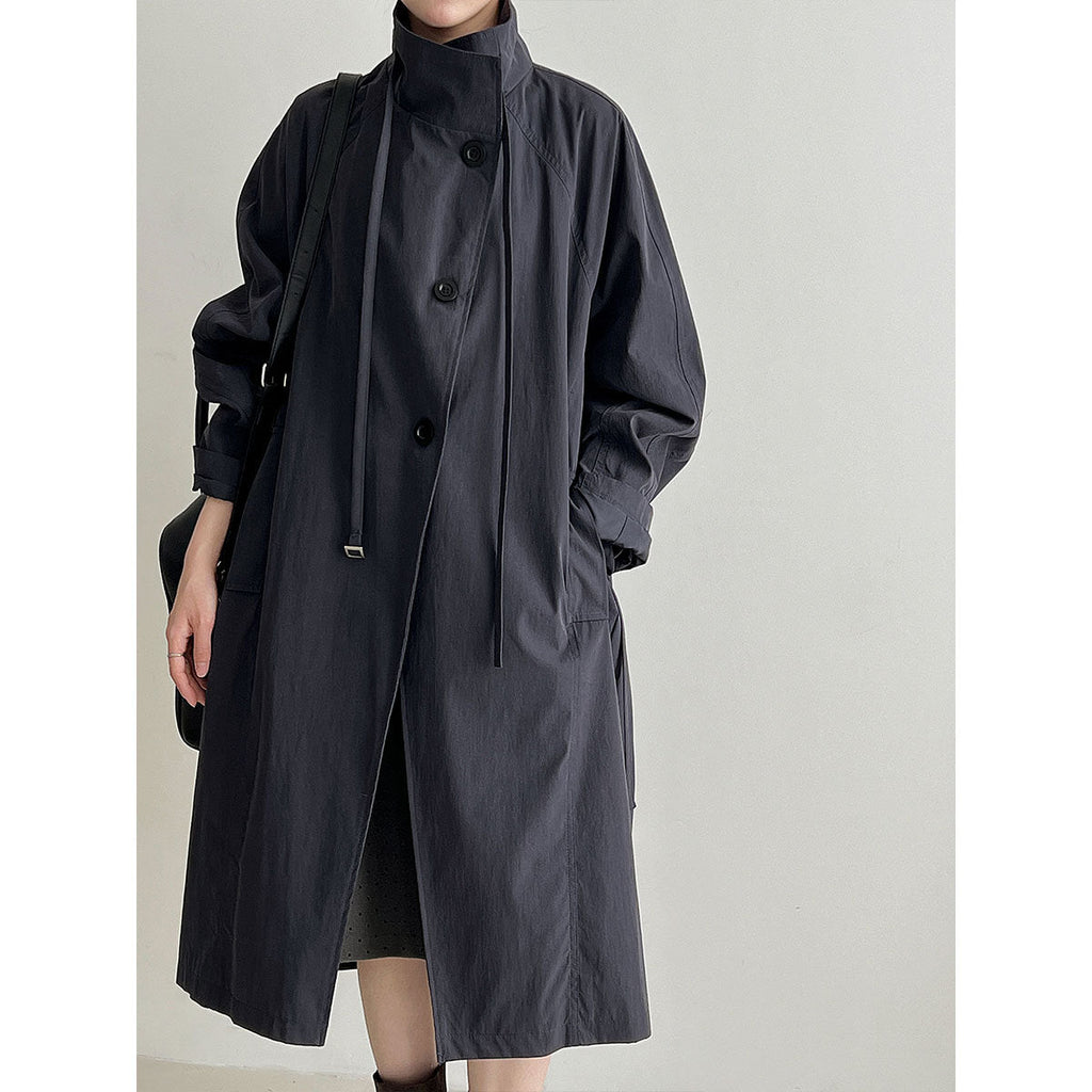 Korean temperament lazy stand-up collar medium and long British trench coat women's new autumn models with straps silhouette