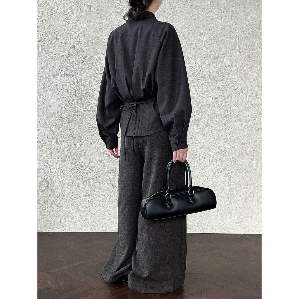 Korean lapel polished shirt women's autumn new high-end commuting temperament lace-up waist shirt