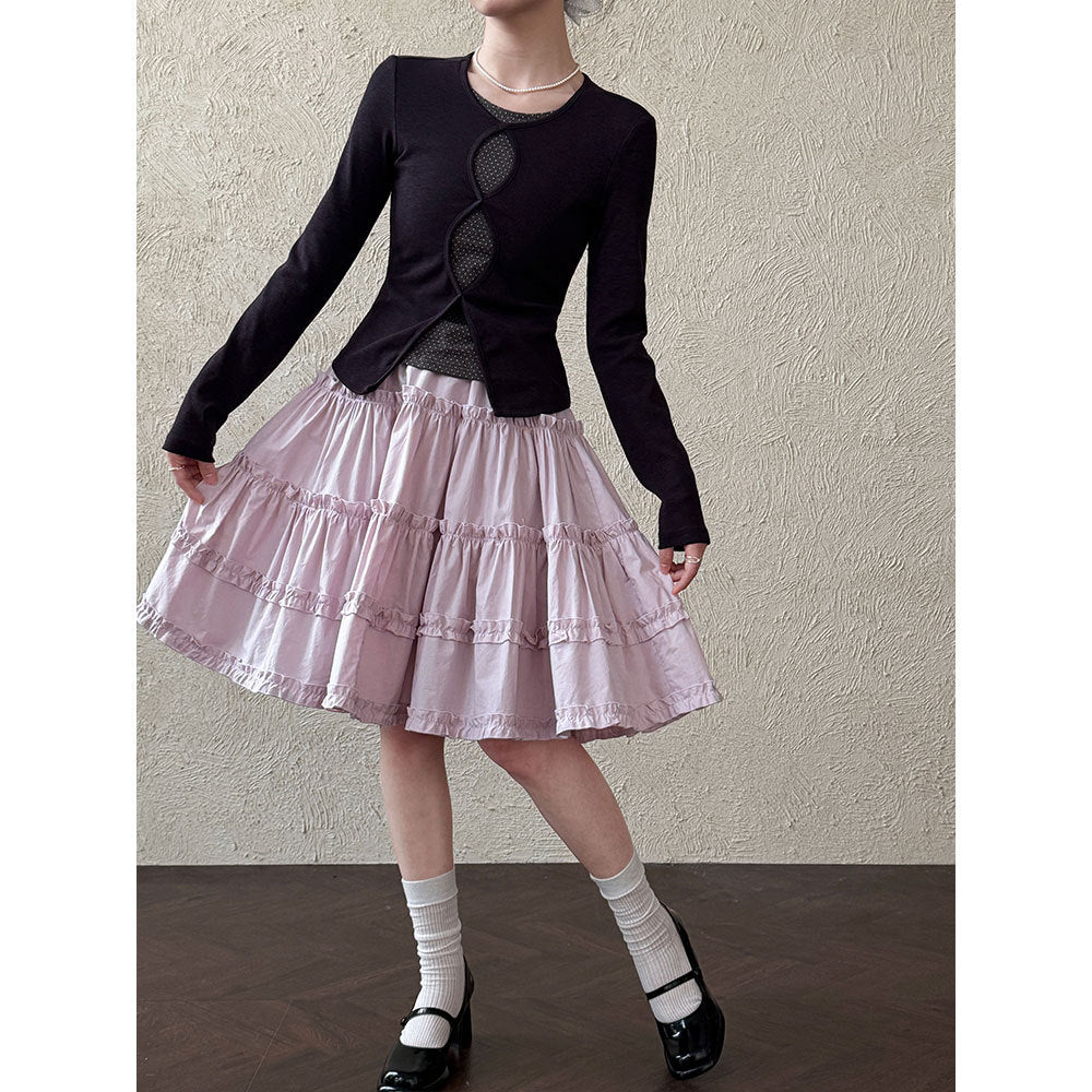 French pastoral fresh layering cake skirt women's spring new lace splicing elastic waist skirt