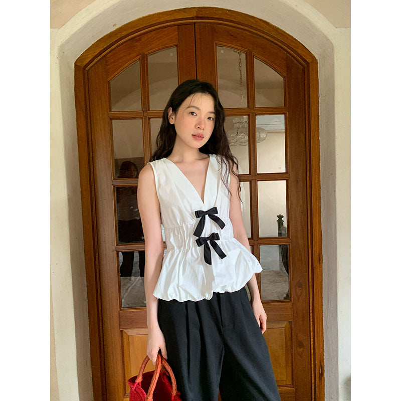 Cute bow age-reducing waist v-neck sleeveless top