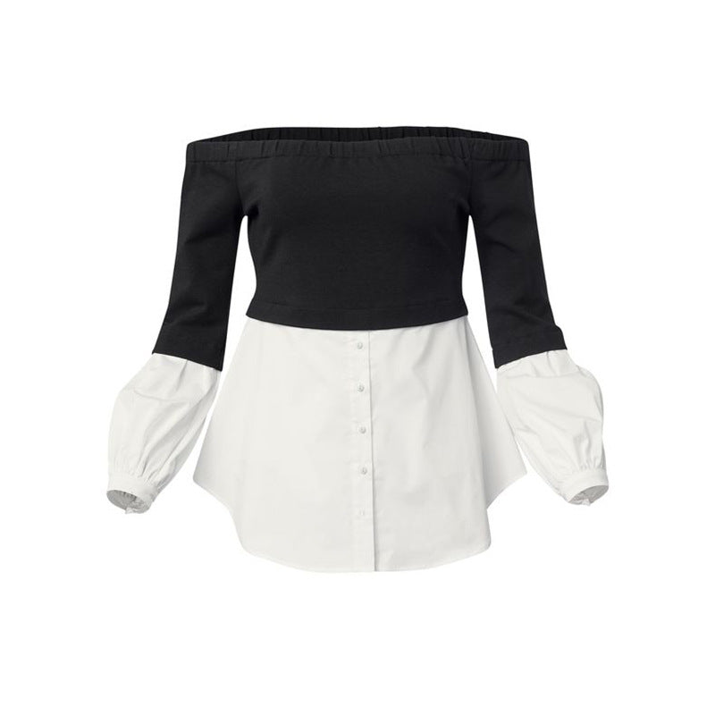 White shirt women's pullover splicing one-word shoulder loose long-sleeved T-shirt fake two-piece top