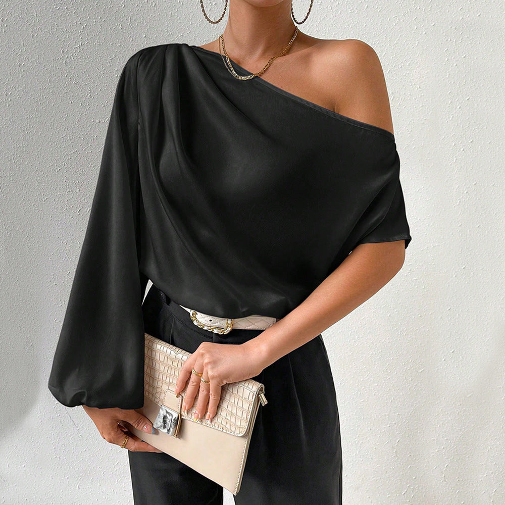 Off-Shoulder Long Sleeve Top Women Loose Fit Diagonal Collar Shirt