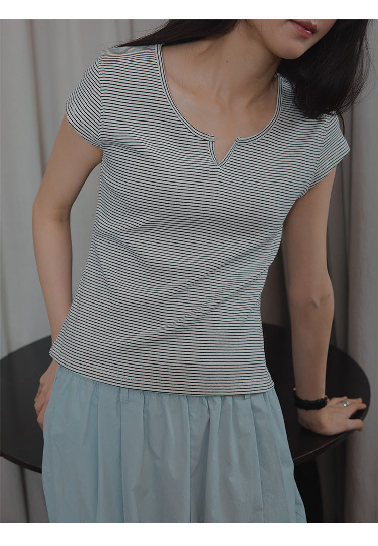 V-mouth round neck small flying sleeves skin-friendly short-sleeved T-shirt women's top