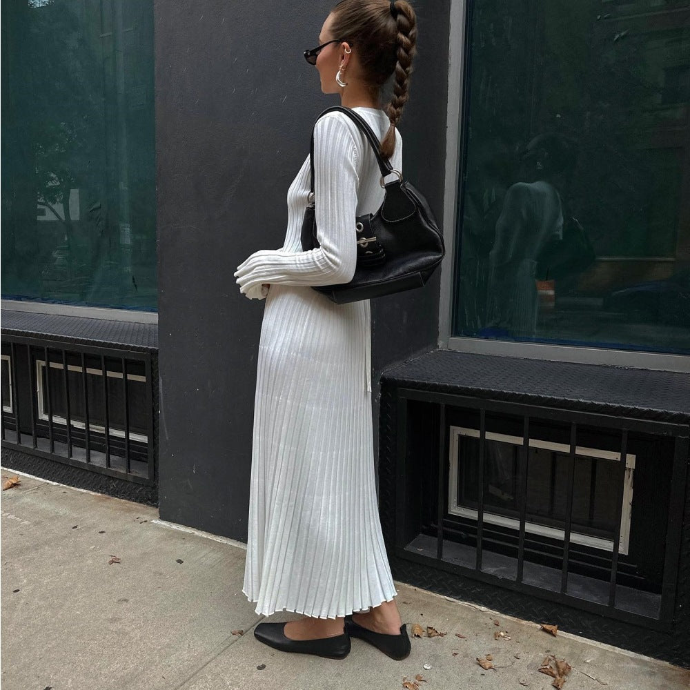 Knitted Long Dress Women Round Neck Bell Sleeve Lace-Up Casual
