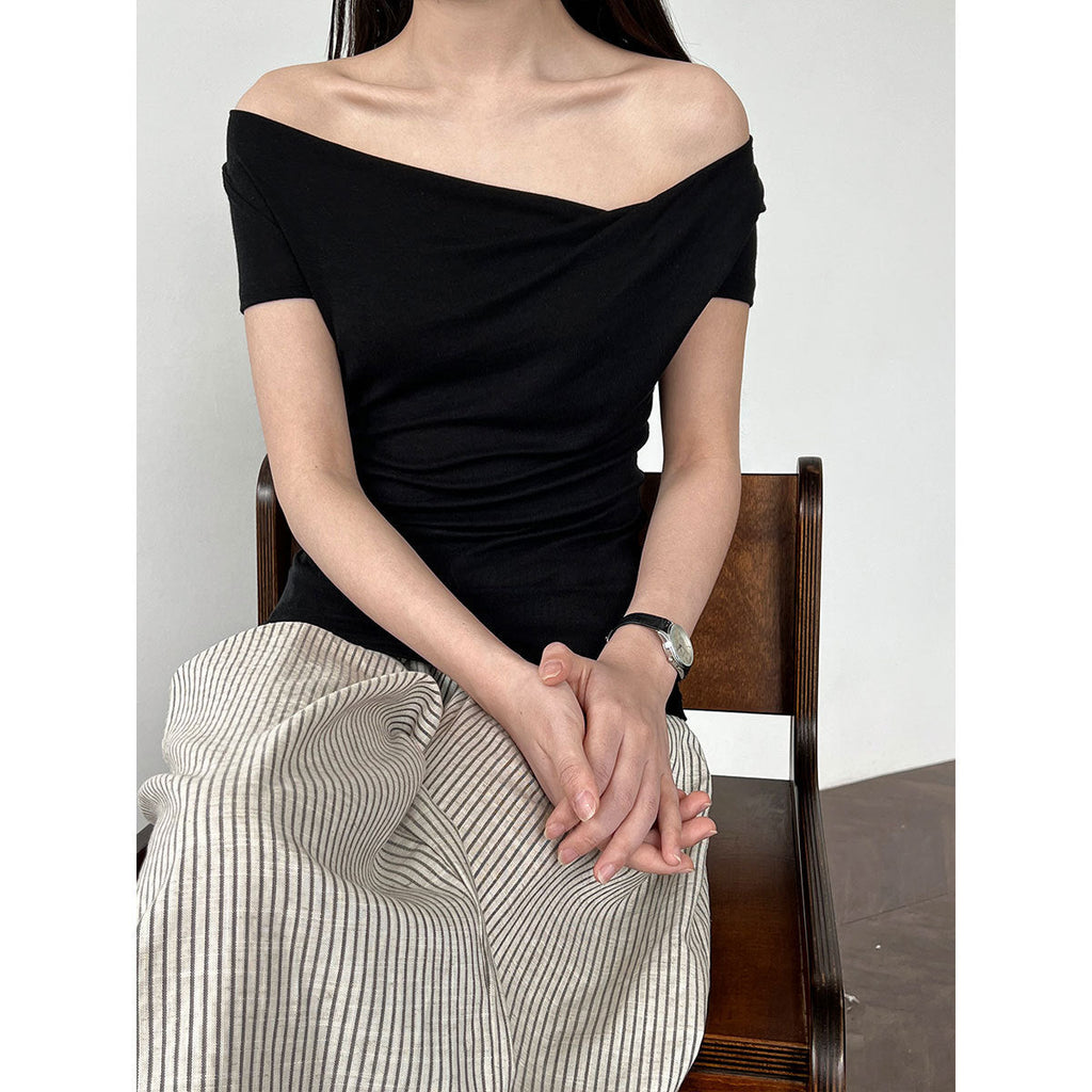 French slanted shoulder swing neck short-sleeved T-shirt summer silk wool soft waxy light slim slim top