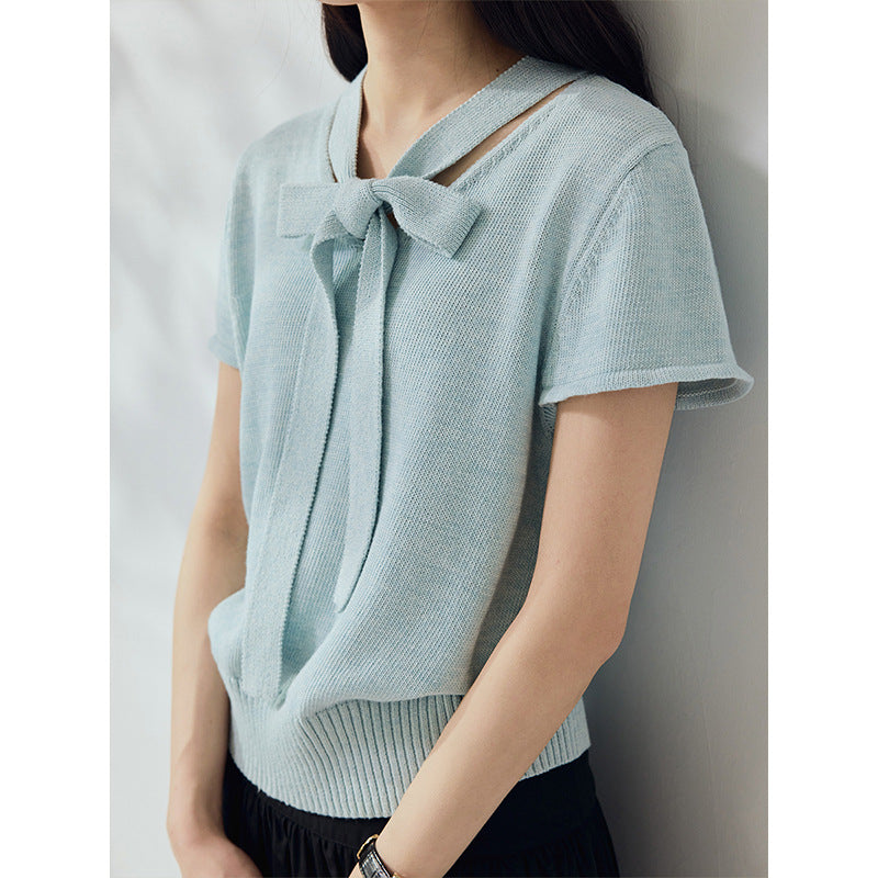 Washi yarn streamer V-neck loose short-sleeved knitted sweater summer top