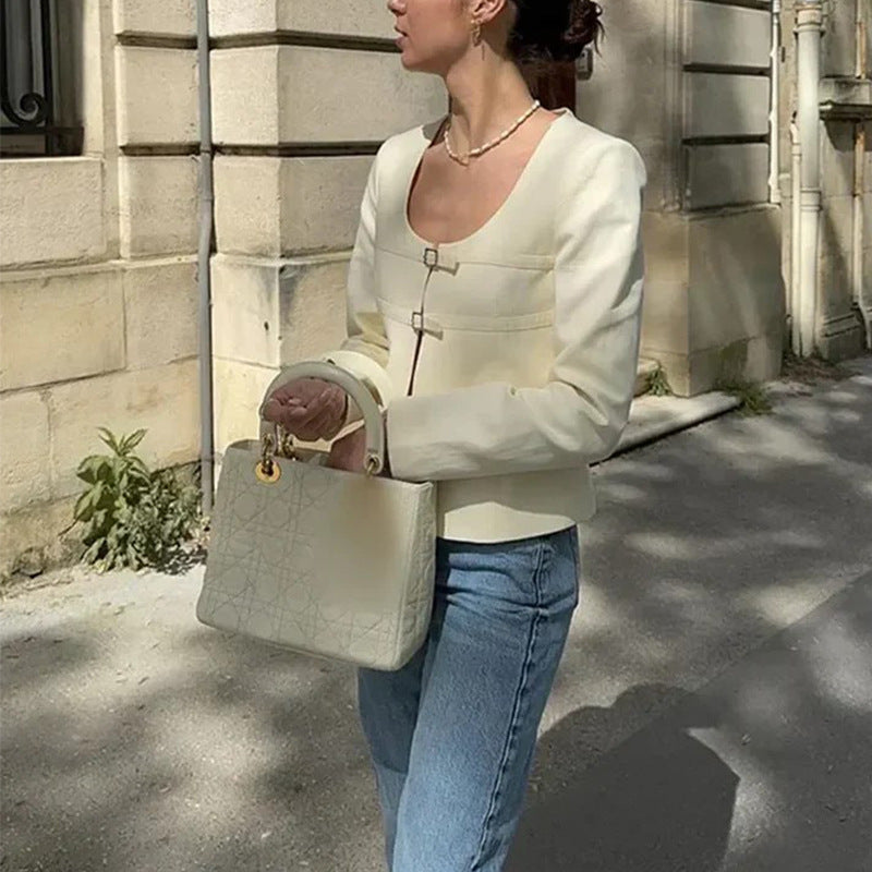 Niche long-sleeved top temperament solid color versatile short cardigan fashion autumn and winter coat women
