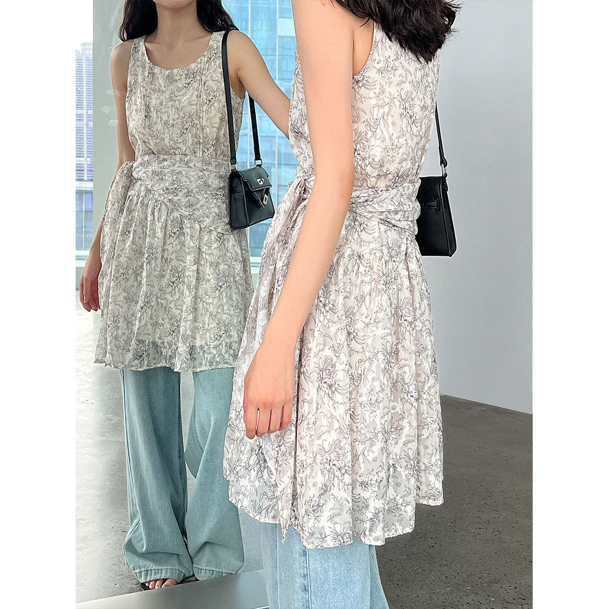 Korean simple floral temperament sundress summer new style with strap waist sleeveless dress