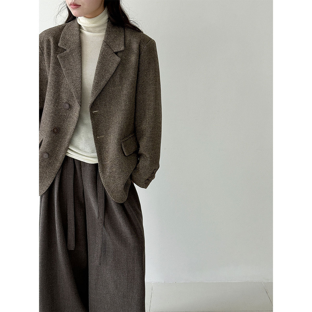 Minimalist high-end autumn and winter wool woolen blazer women's cropped texture tweed coat