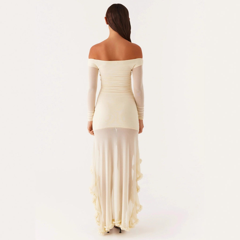 Fashion pleated irregular floor mopping dress sexy one-word shoulder dress