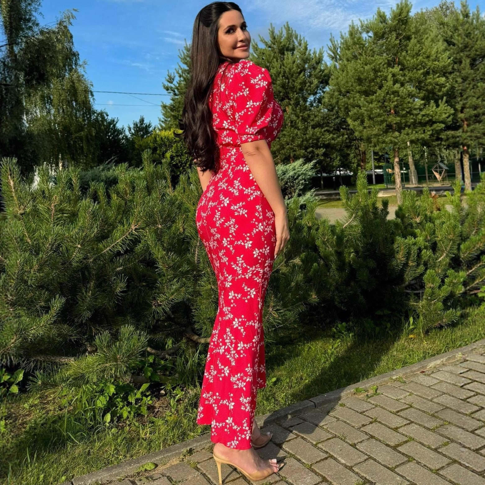 Popular Fashion Bubble Sleeve Floral Dress Waist Sexy Spice Girl Dress