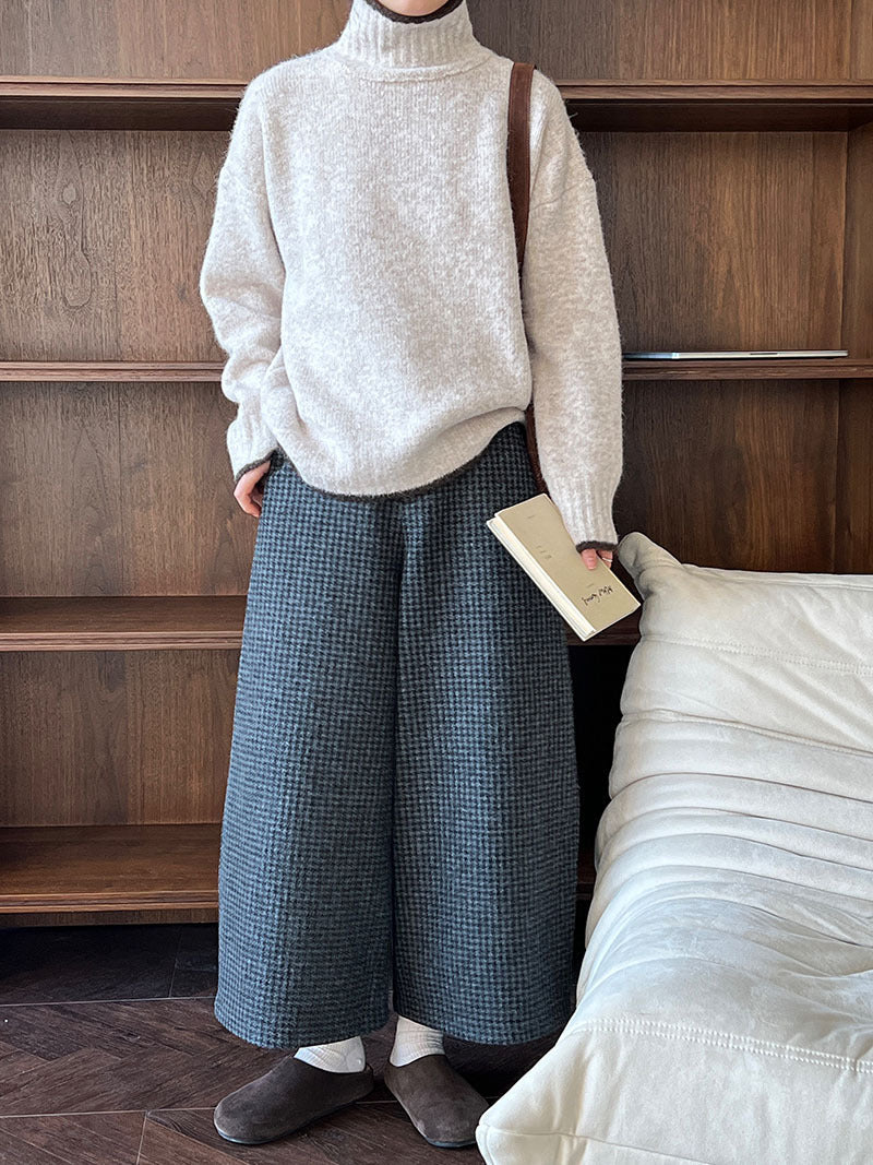 80% wool cropped wide-leg pants for women, vintage plaid wool blend ankle-length trousers, thickened suit pants for winter