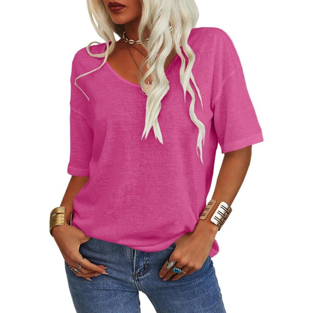 V-Neck Short Sleeve T-Shirt Women Loose Fit Casual Cotton Top