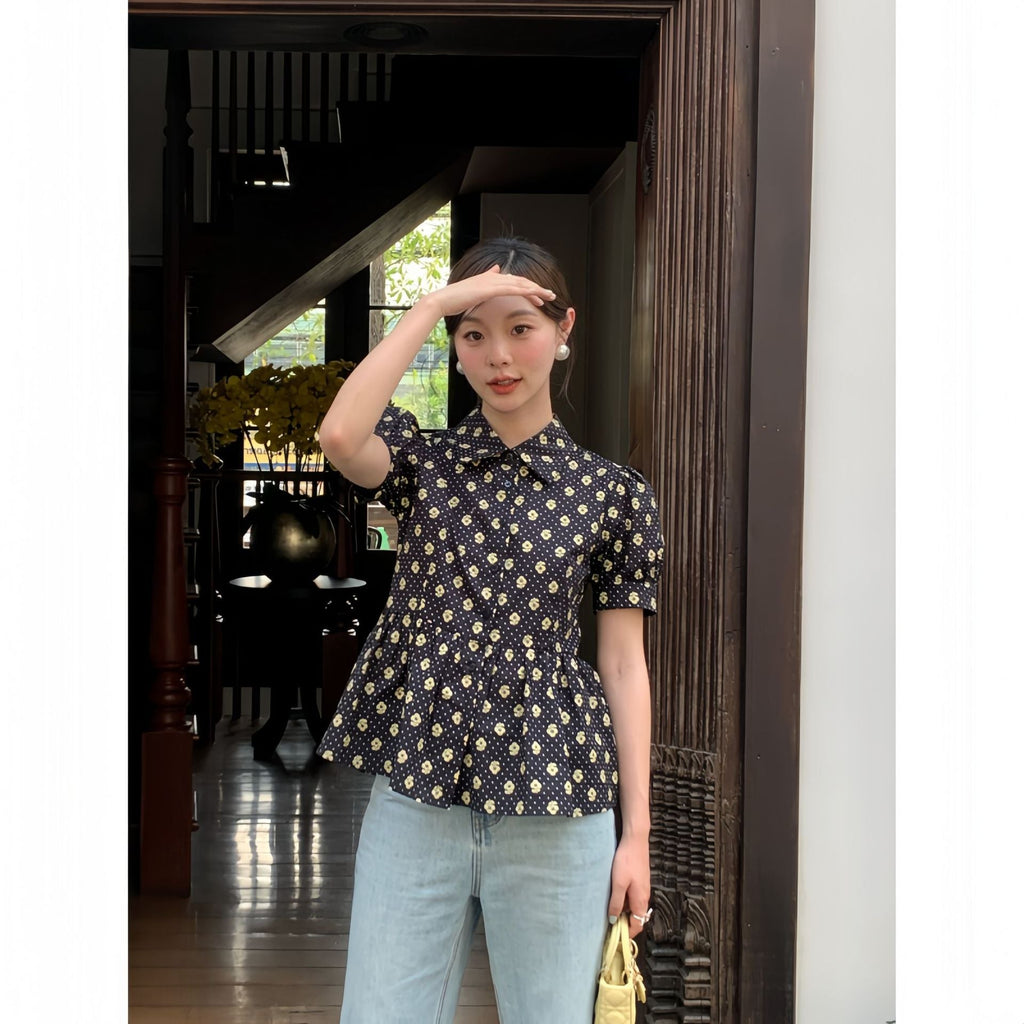 Floral Print Polo Collar Puff Sleeve Cotton Shirt
