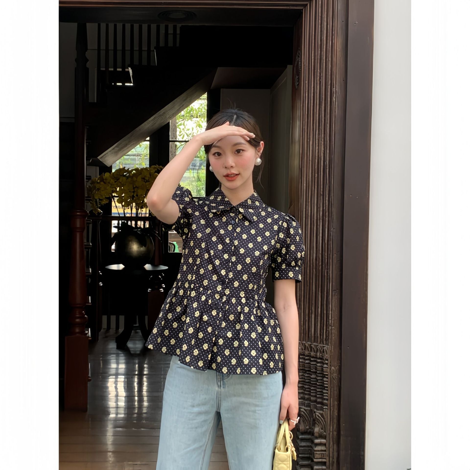 Floral Print Polo Collar Puff Sleeve Cotton Shirt