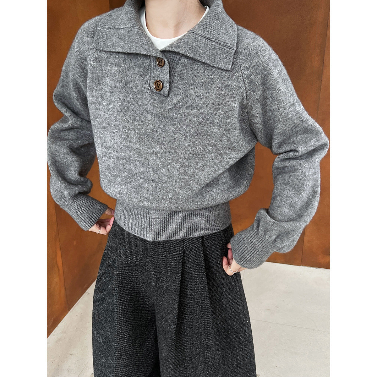 Premium polo collar, thin waist short sweater