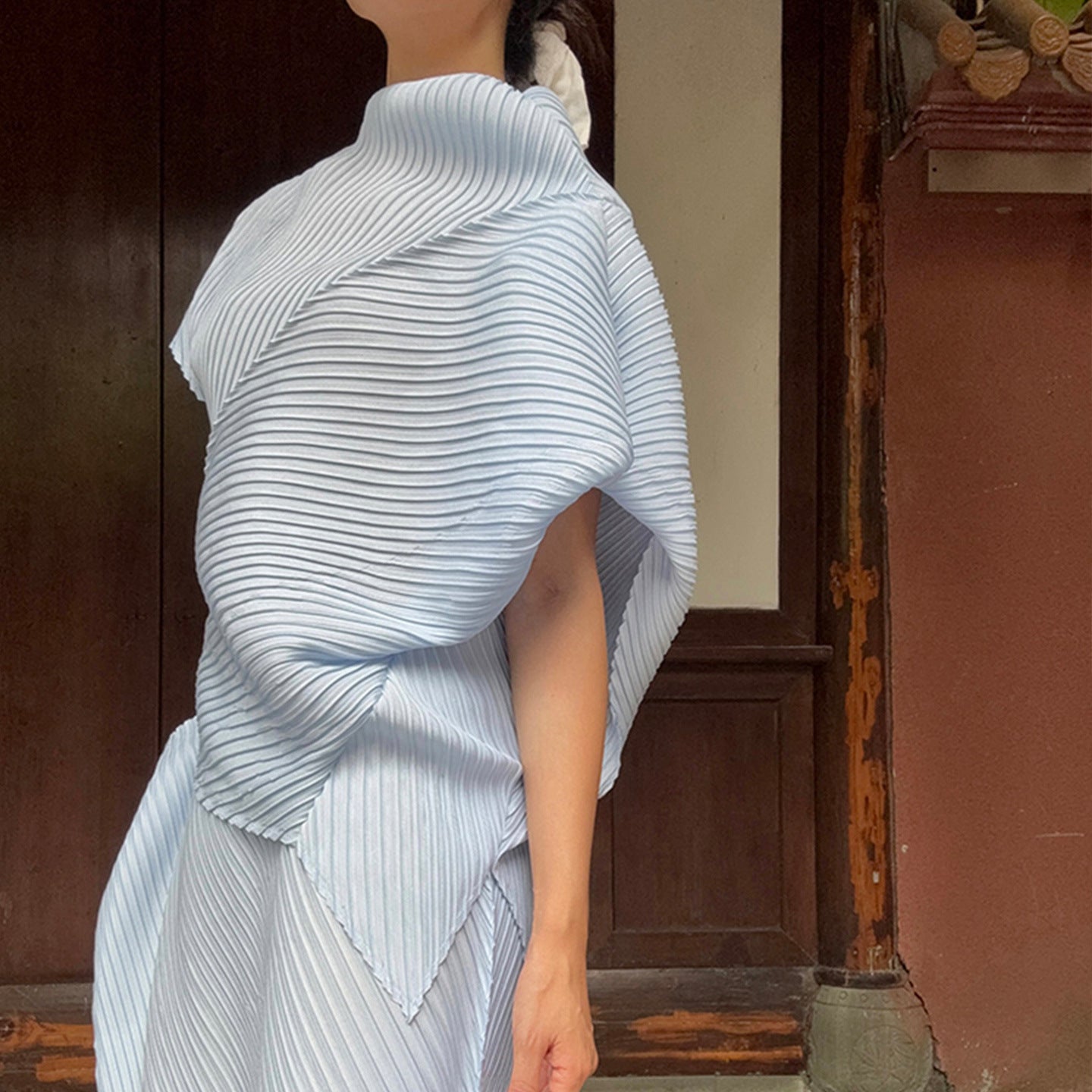 Miyake Pleated Two-Piece Set Women Minimalist Irregular Top and Skirt