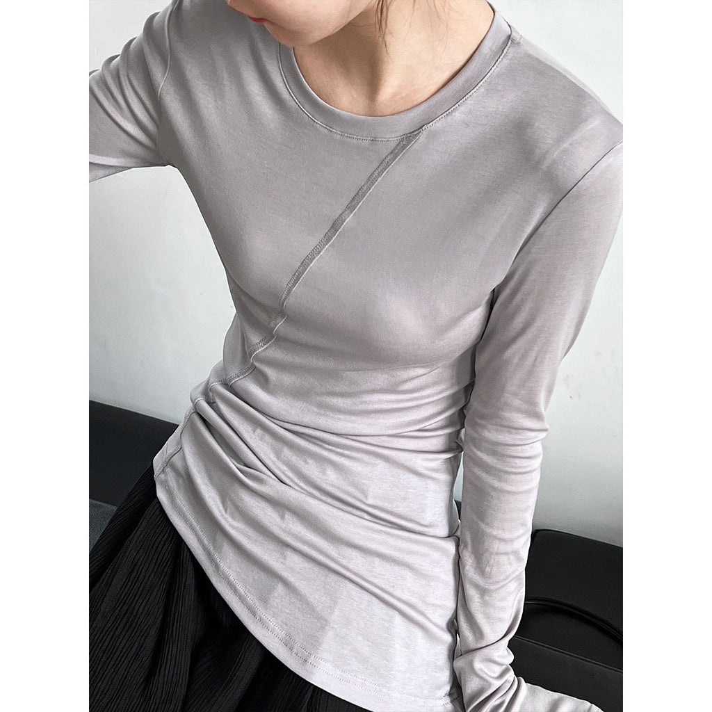 Korean irregular slim-fit T-shirt women's spring new cutting line pile wrinkled bottoming shirt top