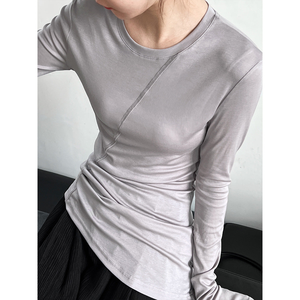 Korean irregular slim-fit T-shirt women's spring new cutting line pile wrinkled bottoming shirt top