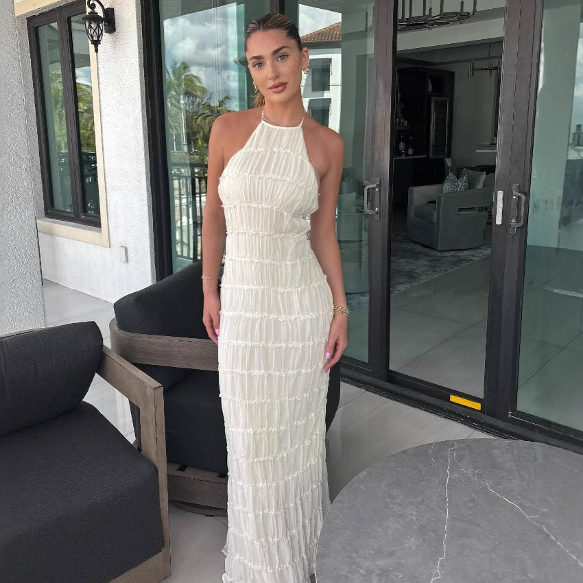 Sexy pleated lace floor-length resort style dress