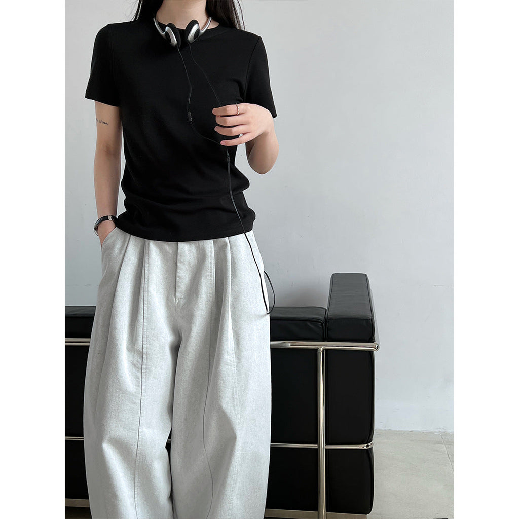 Simple solid color shoulder short-sleeved T-shirt