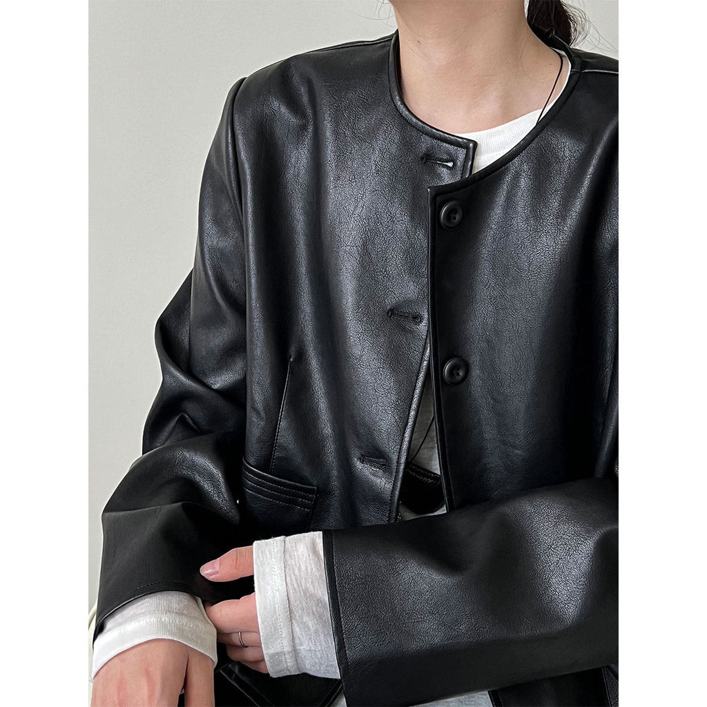 Crew neck Korean single-breasted short leather jacket for women
