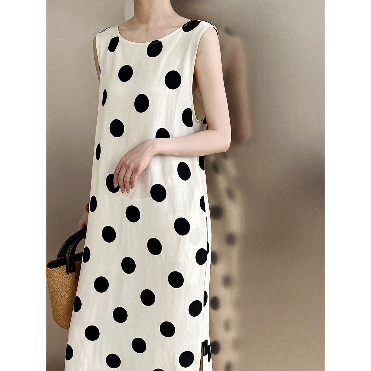 Flax material~ Design scheming backless drawstring polka dot dress Korean sleeveless vest skirt