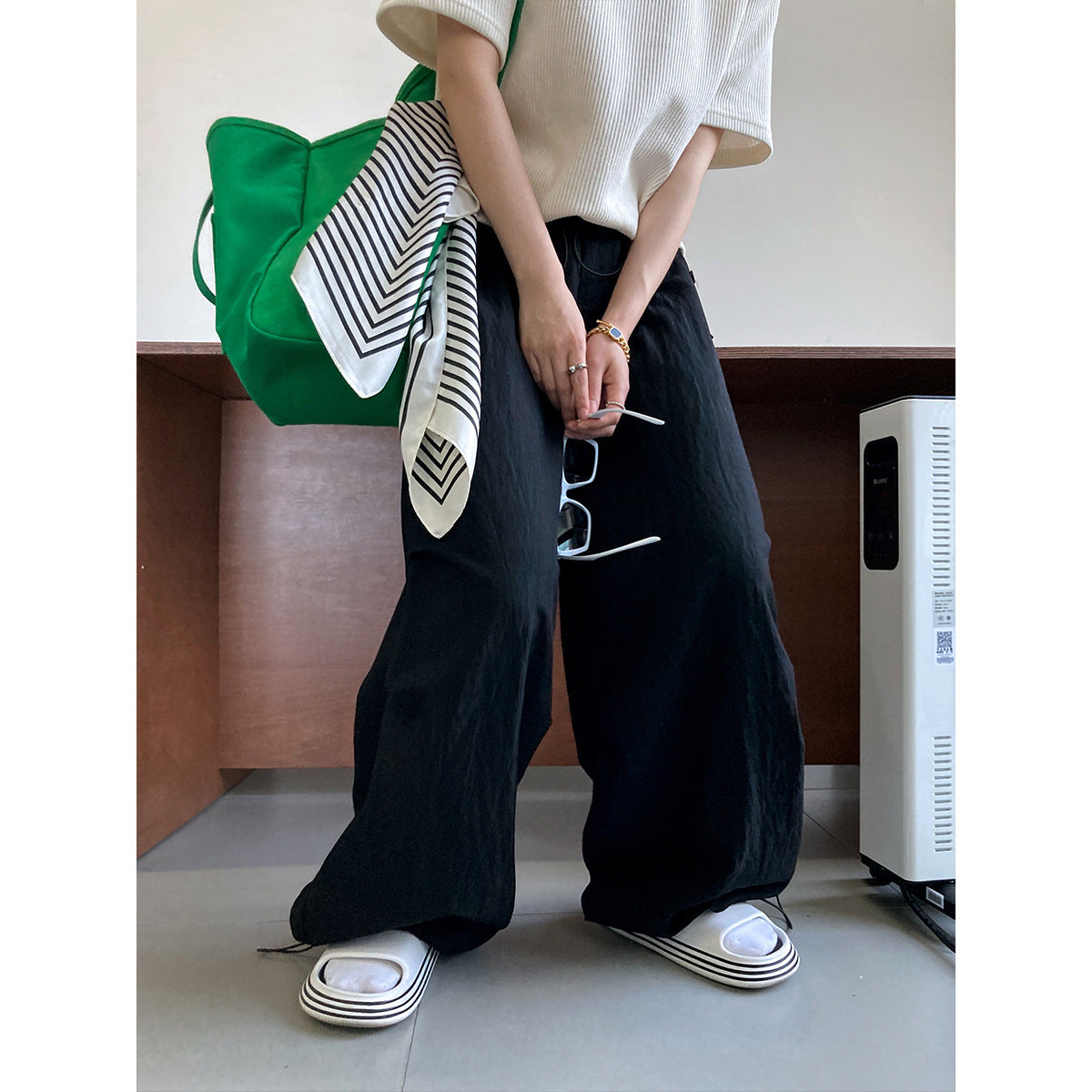 Japanese lazy slacks drawstring elastic high waist loose silhouette slimming workwear style wide-leg pants for women