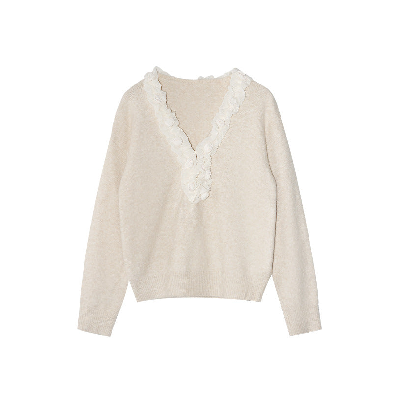Sweet age-reducing V-neck loose sweater with fungus edge