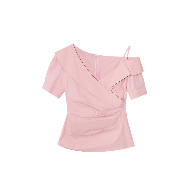 Gentle temperament design diagonal shoulder collar waist shirt