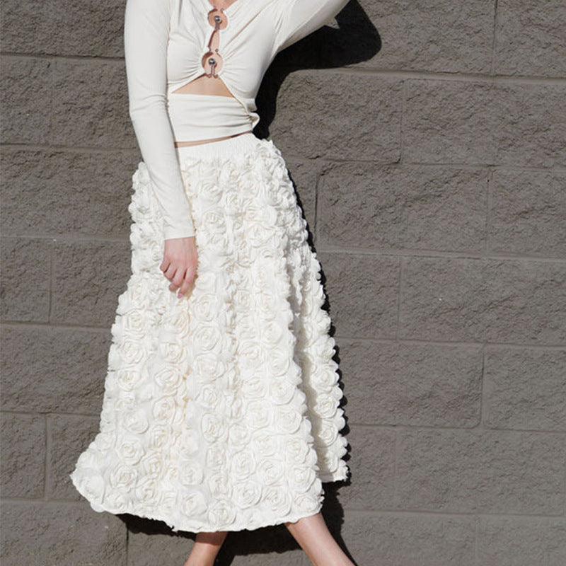 Medium and long fluffy fairy A-shaped skirt French elegant three-dimensional rose flower skirt girl