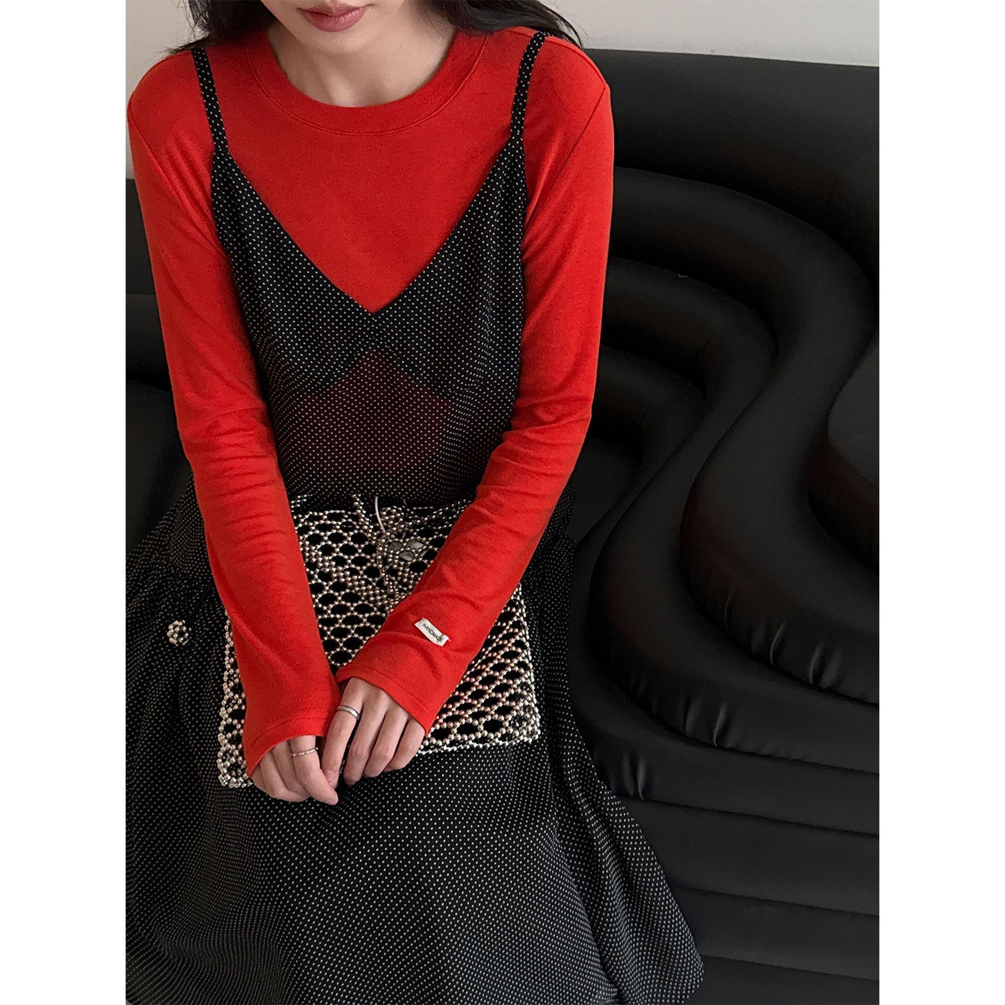 Retro polka dot perspective stacked vest skirt women's 26 early spring new niche lazy wind suspender skirt